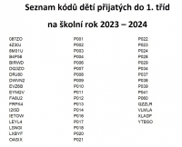 Seznam kódů dětí přijatých do 1. tříd  na školní rok 2023 – 2024